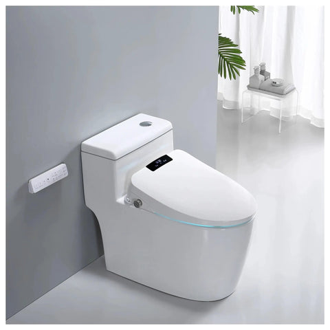 Next Level Smart Toilet Cover Featuring Heated Bidet Spray And Auto Open Close Lid Wireless Remote Bathroom Essential Fits Standard Bowls Heavy Duty Knockout Comfort, side view with remote control.