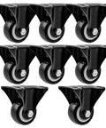 Front view of Eight Pack 1.5 Inch Caster Wheels Rigid Fixed Non Swivel All Black Polyurethane Heavy Duty Non Marking Silent 75 Lb Capacity