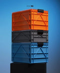 Pro Pack Heavy Duty Stackable Storage Bins Set With Lids And Dividers, stack of three durable totes in orange, black, and blue.