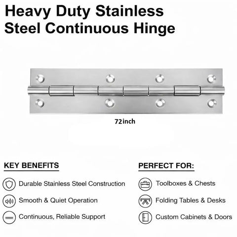 Heavy Duty Stainless Steel Continuous Hinge With Holes 3 Inch Open Width And 72 Inch Length Built Like A Tank For Gate Installations.