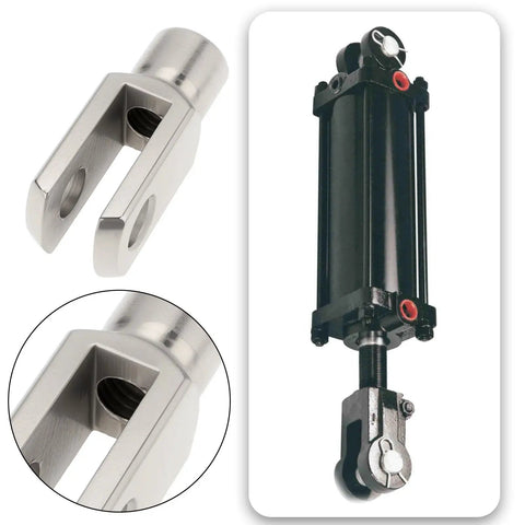 Eight Pieces M8x1.25 Right Hand Thread Clevis Fork End Long Joint Zinc Plated Steel For Hydraulic Systems Farm Machinery And Construction Gear Heavy Duty Linkage For Rigs And Equipment close-up with hydraulic cylinder