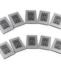 Heavy Duty Stainless Steel Wall Outlet Featuring A Fireproof Electrical Receptacle That Is Totally Badass And Built To Resist Corrosion While Delivering Rock Solid Connections In Each 10 Pack Box - ten stainless steel outlets in a row.
