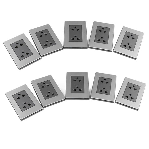Heavy Duty Stainless Steel Wall Outlet Featuring A Fireproof Electrical Receptacle That Is Totally Badass And Built To Resist Corrosion While Delivering Rock Solid Connections In Each 10 Pack Box - ten stainless steel outlets in a row.