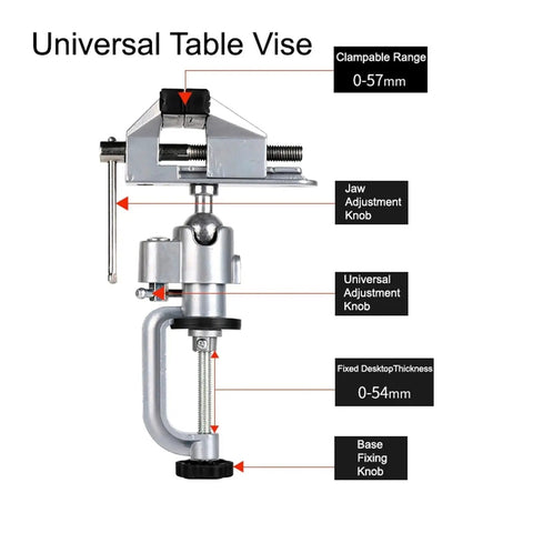 Heavy Duty Rotating Table Vise With Badass 360 Degree Swivel Mount And Bulletproof Aluminum Alloy Bench Clamp Bracket, featuring adjustable knobs.