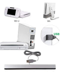 USB Wired Infrared Sensor Bar For Nintendo Wii And Wii U Replacement Sensor Bar With Clear Stand Plug And Play, shown with consoles