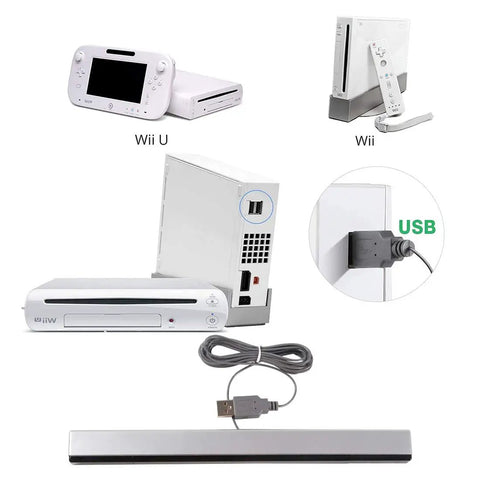 USB Wired Infrared Sensor Bar For Nintendo Wii And Wii U Replacement Sensor Bar With Clear Stand Plug And Play, shown with consoles