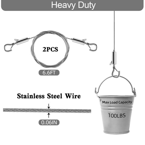 Heavy Duty Picture Hanging Wire Set 6.6 Foot Stainless Steel Rope With Hooks Mirror Frame Hanger Kit Supports Up To 100 Lbs Two Pack
