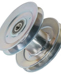 Top-Tier Universal Deck Drive Pulley Fits 42 Inch To 60 Inch Lawn Tractor Mowers As Direct Replacement For Am143388 Aftermarket Part, silver metal construction.