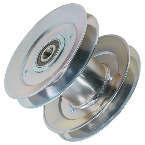 Top-Tier Universal Deck Drive Pulley Fits 42 Inch To 60 Inch Lawn Tractor Mowers As Direct Replacement For Am143388 Aftermarket Part, silver metal construction.