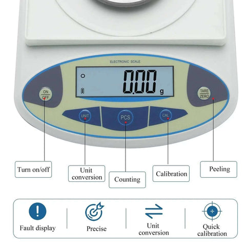 Pro Grade Digital Precision Balance 5000g By 0.01g Lab Scale with display and control buttons for jewelry and kitchen use