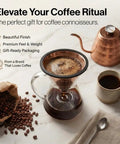 Reusable Stainless Steel Pour Over Coffee Dripper With Copper Finish for Chemex Hario V60 beside coffee beans and kettle