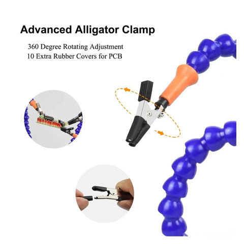 Flexible Third Hand Soldering Tool For Circuit Boards With Adjustable Gooseneck Handy 360 Degree Rotating Alligator Clips showing clamp detail