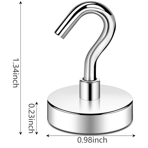 Close-up of Heavy Duty Magnetic Hooks Set With 85lb Capacity, Neodymium Magnets And Hooks In Silver, Six Pack, showing dimensions