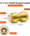 2 Pack One Half Inch Push To Connect Straight Fittings With Disconnect Clip Tool Included For Copper Pex And CPVC Pipe Durable Brass Construction Ideal For Plumbing And Hydronic Heating Systems Fast Easy Leak Free Connections, close-up view of fitting measurements and details.