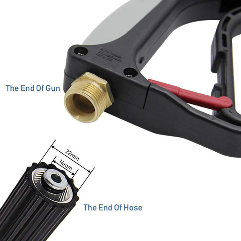 High Pressure Washer Gun With M22 Thread For 5000 PSI Power Wash showing brass fittings and connections