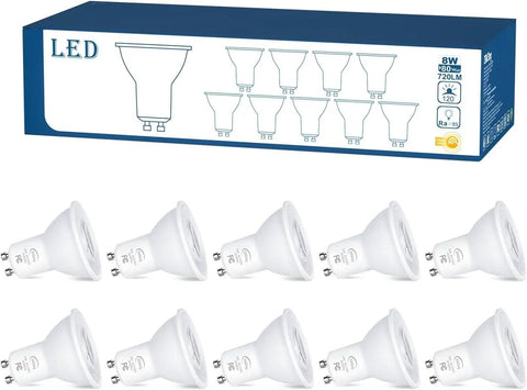 Box and ten GU10 LED Light Bulbs 5000K Daylight White, 70W Halogen Equivalent, Non Dimmable, 720 Lumens, 120 Degree Flood