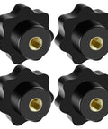 Set of 4 black M8 knurled thread-clamping knobs with brass threaded inserts, 7-lobed knob shape