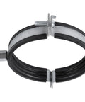 Built Tough Heavy Duty Galvanized Pipe Hanger With Rubber Clamp For PVC And Metal Pipes, Conduit Mounting Bracket, Wall Mount Tube Clamp, Rigid Conduit Holder, Pipe Attachment Hanger For Ducts And Drain Lines, shown open