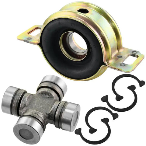 Heavy Duty Driveshaft Center Support Bearing And U Joint Kit For Toyota Tacoma 4WD 1995 2004, T100 1993 1998, And Tundra 2000 2006 Durable Carrier Bearing Set For Tough Off Road Rides And Easy Installation. Center bearing, U-joint, and snap rings on white.