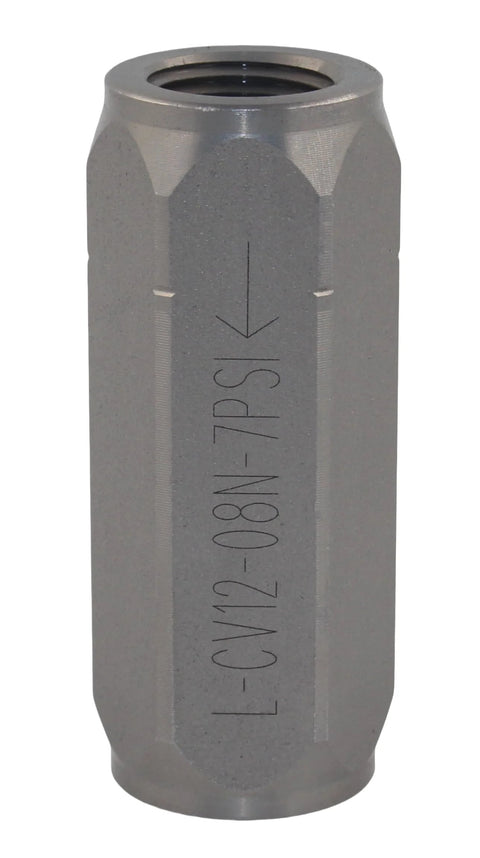 Side view of inline hydraulic check valve, 1/2 in NPTF, gray metal body, high‑pressure.