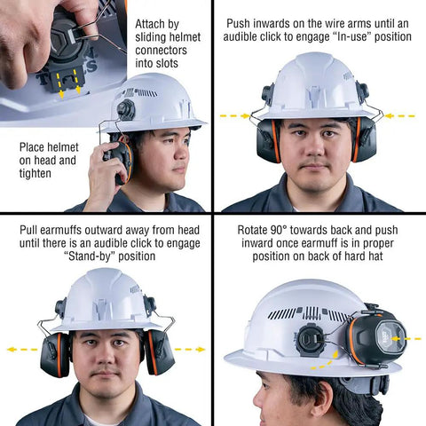 Ear Muffs With Full Brim Hard Hat Attachment For Construction And Manufacturing Pros On The Jobsite, 26 Decibels NRR Noise Reduction, Cushioned Comfort Foam, Easy Fit For Woodworking And Maintenance Jobs featuring attachment instructions on person