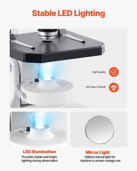 Close-up of LED lighting feature on Kids And Adults Microscope With 40X To 2000X Magnification, highlighting stable light source.