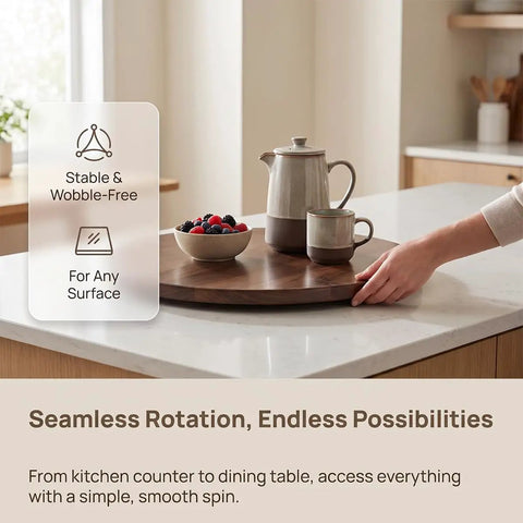 Hand reaching for Top Tier 24 Inch Round Lazy Susan With Dead Smooth 360 Spin, Walnut Veneer Table Top Serving Tray.