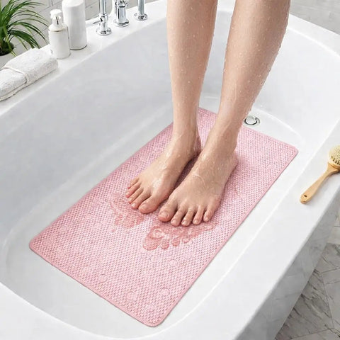 Straight Up Reliable Non Slip Bathtub Mat With Rock Solid Suction Cups Extra Large Bath Rug in pink under wet feet.