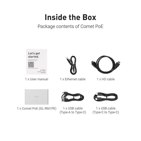 Comet PoE Remote KVM GLRM1PE With Tailscale For No Fuss Seamless 4K Streaming And Secure Remote Access Power Over Ethernet Enabled To Cut Cable Clutter And Power Adapters. Box contents: GL-RM1PE, manual, Ethernet, HDMI, USB cables
