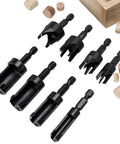 Eight Piece Wood Plug Cutter Set Hex Shank Straight Tapered Drill Bits with wooden plugs on a wooden surface.