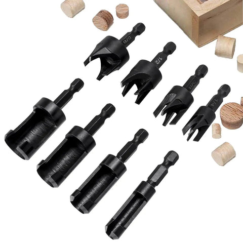 Eight Piece Wood Plug Cutter Set Hex Shank Straight Tapered Drill Bits with wooden plugs on a wooden surface.