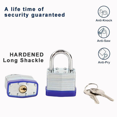 Trinity Keyed-Alike Padlocks Outdoor Heavy Duty Laminated Steel Body 1-9/16 Inch Shackle 40mm Uncuttable with keys and security features.