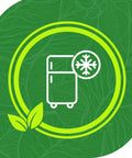 Green background with white refrigerator and snowflake icon representing Pro Grade 11 Inch By 25 Foot Vacuum Sealer Rolls Four Pack With Fifteen Percent Thicker Embossing FoodSaver Compatible BPA Free Commercial Grade Bags For Longer Freezer Storage Microwave Safe Boil In Bag And Sous Vide Ready.