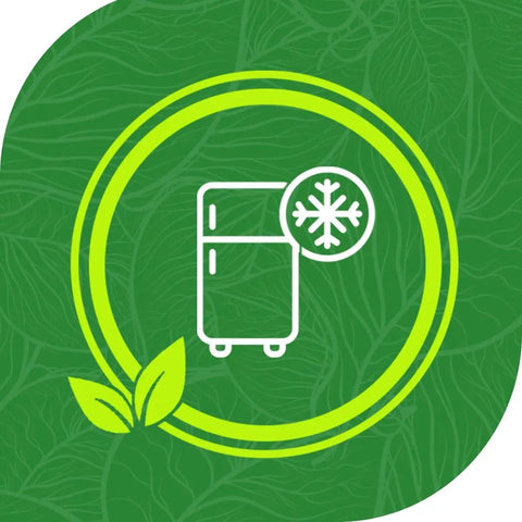Green background with white refrigerator and snowflake icon representing Pro Grade 11 Inch By 25 Foot Vacuum Sealer Rolls Four Pack With Fifteen Percent Thicker Embossing FoodSaver Compatible BPA Free Commercial Grade Bags For Longer Freezer Storage Microwave Safe Boil In Bag And Sous Vide Ready.