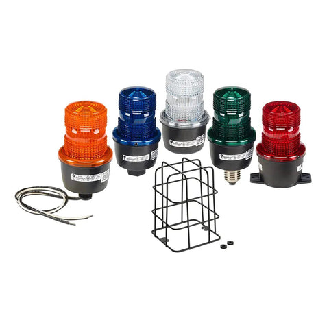 Assorted warning lights including Blue Low Profile Strobe Warning Light for Pipe Mount 120V AC IP66 IP69K UL Listed CSA Certified