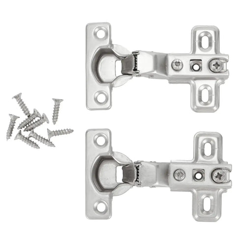 Twenty Five Millimeter Soft Close Hydraulic Buffer Dampers Two Pack For Kitchen Cupboard Doors showing chrome hinges and screws.