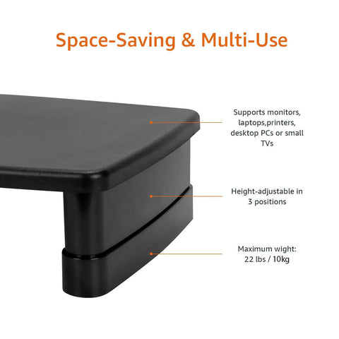 Side view of Height Adjustable Monitor Stand Riser With Storage Organizer For Ergonomic Slick Desk Setup Supports Monitors And Laptops Up To 22 Lbs Space Saving Black Finish. Shows three height settings.