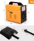Compact 110V MIG 130 Flux Core Welder No Gas Welding Machine with size dimensions and accessories shown