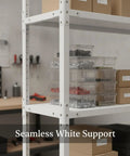White Steel Shelf Brackets Set Includes Right Angle Corner Supports For Shelving in a workshop with storage bins.