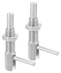 Pair Of Heavy Duty M12 Retractable Indexing Plunger Pins With Nuts Rugged Stainless Steel spring-loaded latches for machinery use.