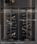 Slick Vertical Pull Out Shoe Rack Heavy Duty Metal Kickers Organizer With Staggered Sixteen Tiers inside a closet showing dimensions.