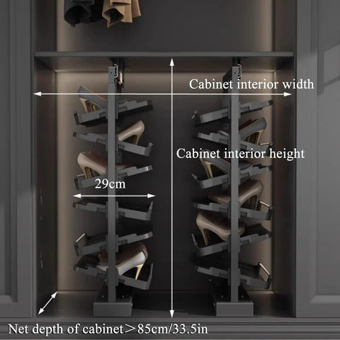 Slick Vertical Pull Out Shoe Rack Heavy Duty Metal Kickers Organizer With Staggered Sixteen Tiers inside a closet showing dimensions.