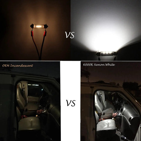 Comparison of LED Festoon Bulbs 31mm 7065 6000K Xenon White CAN Bus with OEM incandescent in vehicle interior lighting