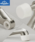 Adjustable Hinge Pin Door Stopper Save Your Floors With No Sweat Setup Heavy Duty Satin Nickel Finish featuring white rubber cap detail.