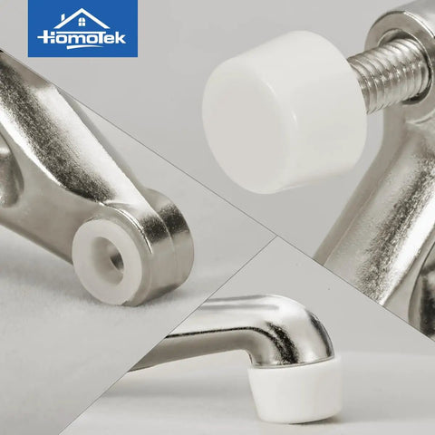 Adjustable Hinge Pin Door Stopper Save Your Floors With No Sweat Setup Heavy Duty Satin Nickel Finish featuring white rubber cap detail.