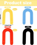 Four plastic U-shaped shims in blue, yellow, red, and black for leveling; sizes 1/16, 3/16, 1/8, 1/4 in.