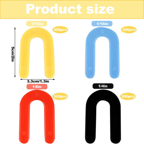 Four plastic U-shaped shims in blue, yellow, red, and black for leveling; sizes 1/16, 3/16, 1/8, 1/4 in.
