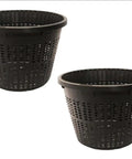 Two black 8 Inch Round Water Garden Aquatic Mesh Pond Plant Baskets with slotted design for lilies and aquatic plants.