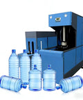 Semi Automatic Blow Molding Machine For Pet Bottle Manufacturing with blue bottles, showing durable design and industrial use.