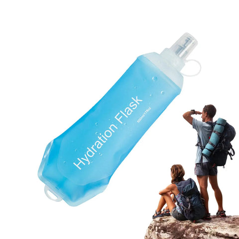 Foldable 500ml hydration bottle for running and trail training, flexible soft flask with clip-on belt attachment, in cyan blue